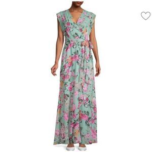 Eliza J Floral Print Chiffon Faux Wrap Maxi Dress sz 10 Ruffle Zip Fairy Wedding